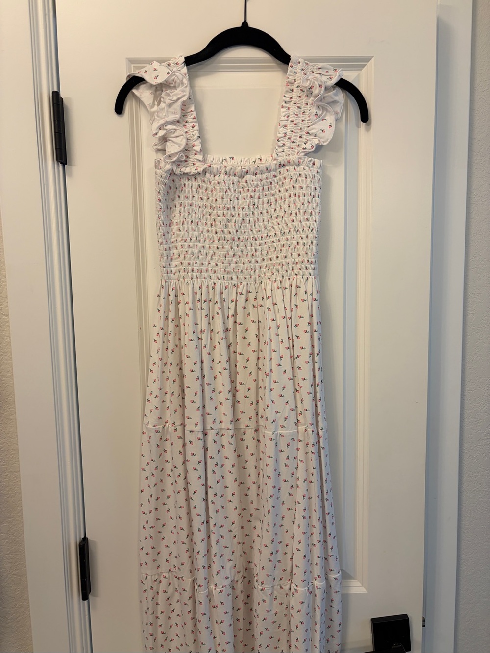 White Smocked Ruffle-Strap Dress with Tiny Floral Print